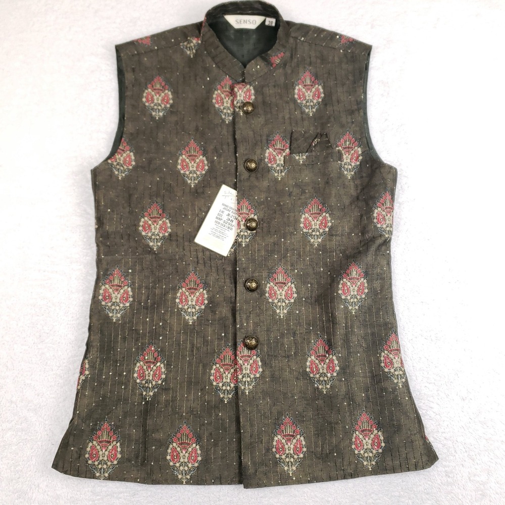 Senso Mens Nehru Vest Modi Jacket Olive Green Paisley Floral Sequin Size 38 NEW
